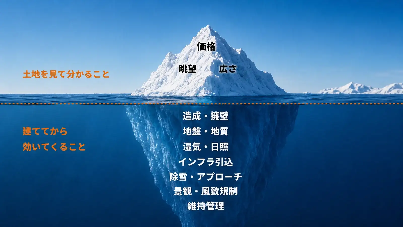 土地を見て分かることは価格・眺望・広さ。建ててから効いてくるのは造成・擁壁、地盤・地質、湿気・日照、インフラ引込、除雪・アプローチ、景観・風致規制、維持管理。